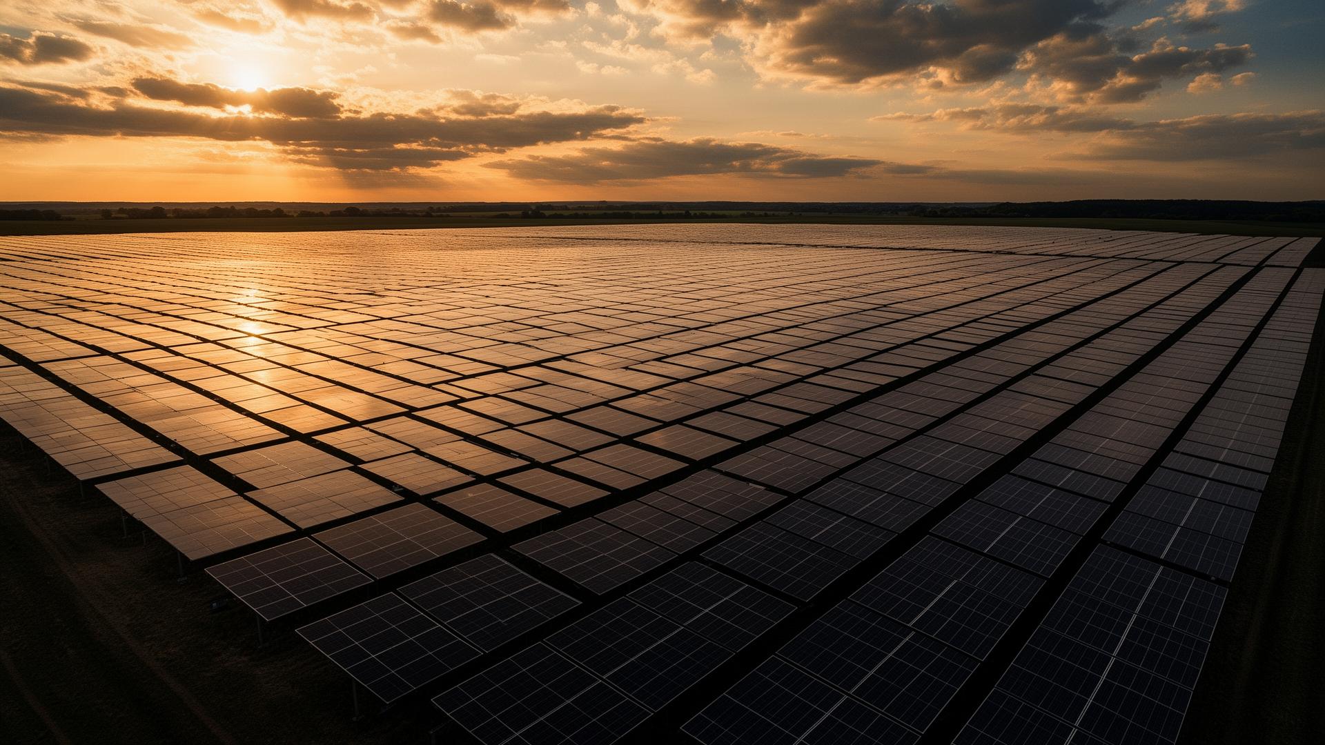 Usina solar ao pôr do sol